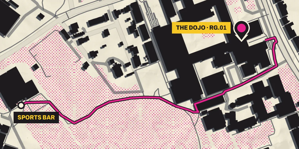 Map: walking route from the Sports Bar to the dojo